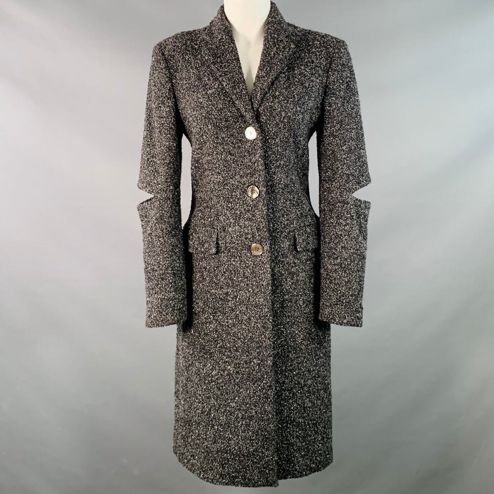 MICHAEL KORS COLLECTION Size 4 Grey Black Silver Wool Blend Tweed Cutouts Coat
